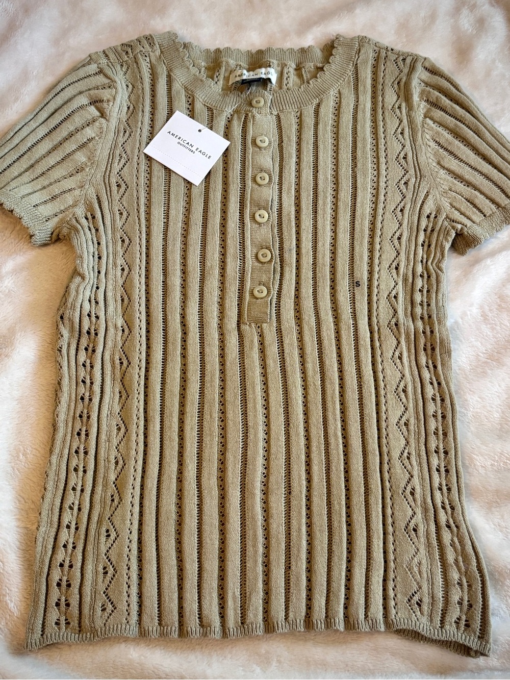 American Eagle Outfitters Olive Green Short-Sleeve Ribbed Henley Sweater